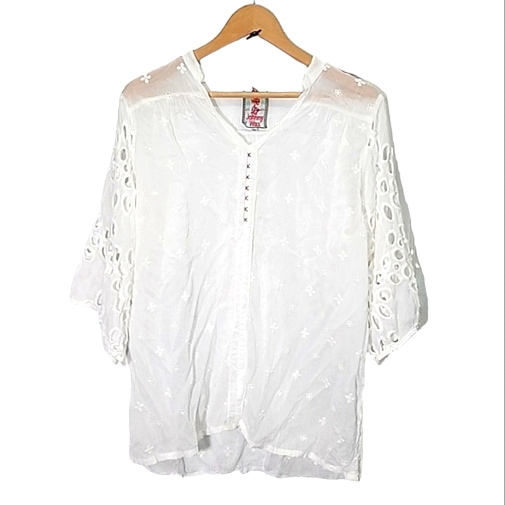 Johnny Was 100% cupra rayon sheer white blouse with eyelet sleeves size XS